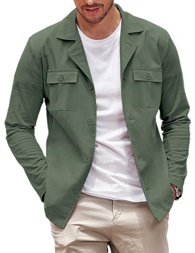 COOFANDY Herren Casual Hemdjacke Langarm Knopfleiste Overshirt Leichte Jacke mit Taschen, Deep Army Green, XL von COOFANDY