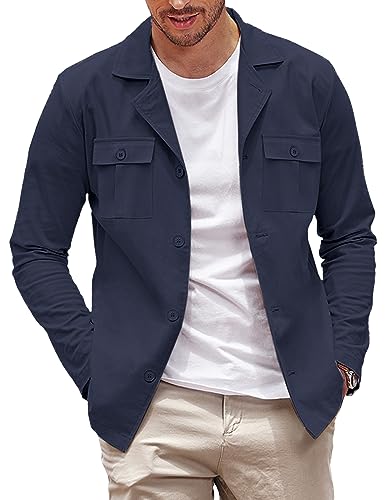 COOFANDY Herren Casual Hemdjacke Langarm Knopfleiste Overshirt Leichte Jacke mit Taschen, Marineblau, XX-Large von COOFANDY