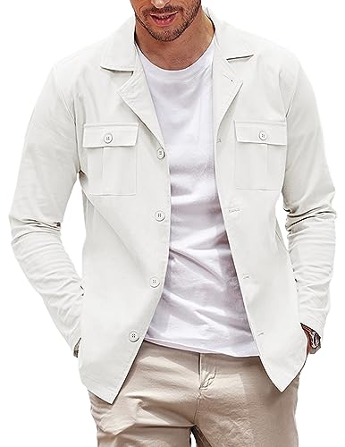 COOFANDY Herren Casual Hemdjacke Langarm Knopfleiste Overshirt Leichte Jacke mit Taschen, Weiss/opulenter Garten, M von COOFANDY