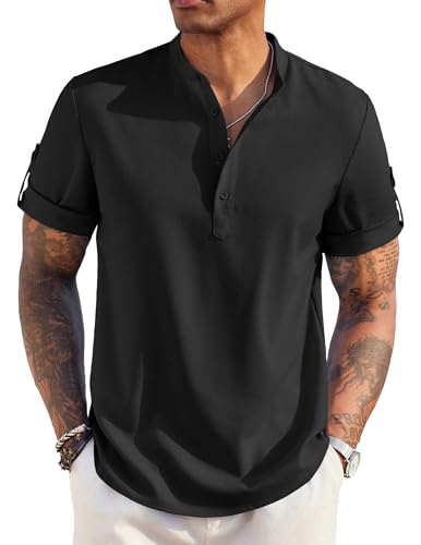 COOFANDY Herren Casual Henley Shirt Kurzarm Band Kragen Leinenhemd Sommer Strand Hippie T-Shirts, Schwarz, XL von COOFANDY