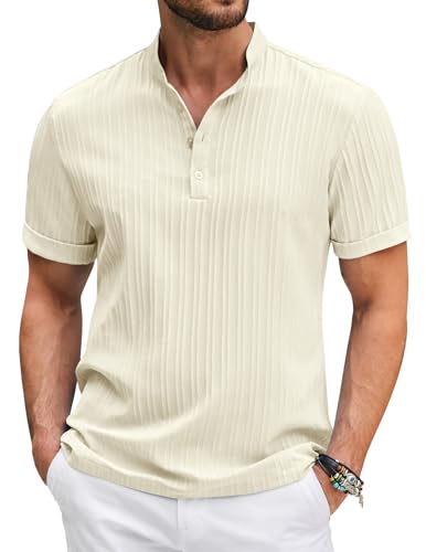 COOFANDY Herren Casual Henley Shirt Kurzarm Band Kragen Sommer Strand Strukturierte Hemden, Farbe: Cremefarben, L von COOFANDY