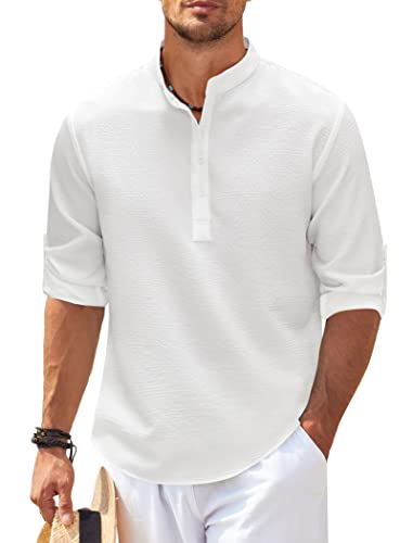 COOFANDY Herren Casual Henley Shirts Band Kragen Langarm Strand Hippie T Shirts Mode Gestreifte Hemden, Weiß rein., L von COOFANDY