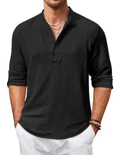 COOFANDY Herren Casual Henley Shirts Langarm Hippie Strand T-Shirts Yoga Sommer Top, Schwarz, Mittel von COOFANDY