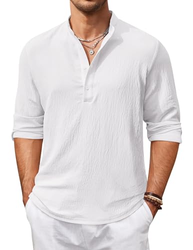 COOFANDY Herren Casual Henley Shirts Langarm Hippie Strand T-Shirts Yoga Sommer Top, Weiss/opulenter Garten, Mittel von COOFANDY