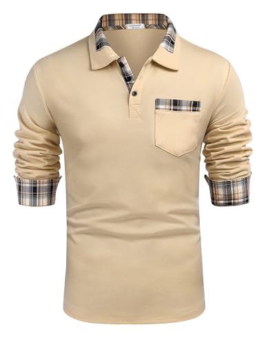 COOFANDY Herren Casual Langarm Plaid Kragen Poloshirt mit Taschen, Khaki, XX-Large von COOFANDY