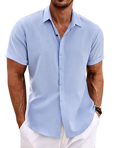 COOFANDY Herren Casual Leinen Button Down Shirt Kurzarm Basic Solid Leinen Shirt Strandhemd Sommer Kuba, Hellblau, L von COOFANDY