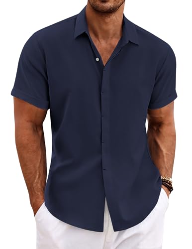 COOFANDY Herren Casual Leinen Button Down Shirt Kurzarm Basic Solid Leinen Shirt Strandhemd Sommer Kuba, Marineblau, XL von COOFANDY
