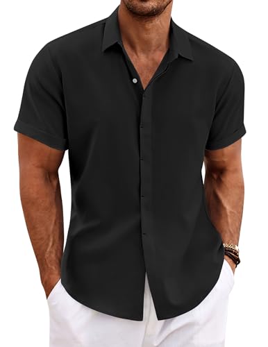 COOFANDY Herren Casual Leinen Button Down Shirt Kurzarm Basic Solid Leinen Shirt Strandhemd Sommer Kuba, Schwarz, XL von COOFANDY