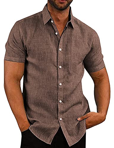 COOFANDY Herren Casual Leinen Button Down Shirt Kurzarm Strandhemd, Braun, L von COOFANDY