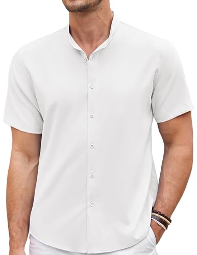 COOFANDY Herren-Leinenhemd, Strandkragen, kurzärmelig, Button-Down-Shirt, Weiss/opulenter Garten, L von COOFANDY