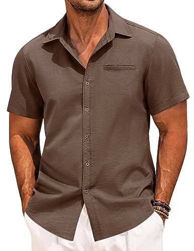 COOFANDY Herren Casual Leinen Hemd Kurzarm Button Down Hemd Sommer Strand Hawaii Hemden, Braun, L von COOFANDY