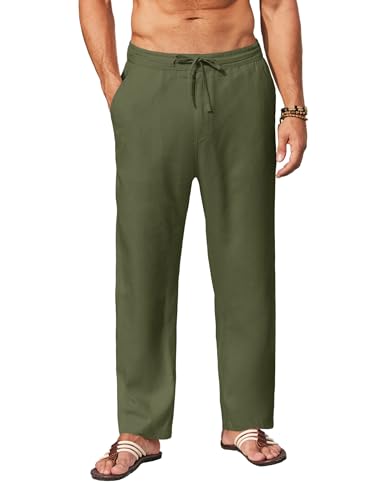 COOFANDY Lässige Leinenhose für Herren, elastische Taille, Kordelzug, Yoga, Strandhose, leicht, lockere Passform, Hose mit Taschen, Grün (Army Green), XXL von COOFANDY