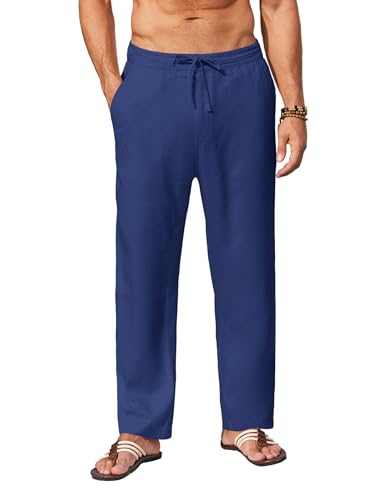 COOFANDY Lässige Leinenhose für Herren, elastische Taille, Kordelzug, Yoga, Strandhose, leicht, lockere Passform, Hose mit Taschen, Marineblau, Mittel von COOFANDY