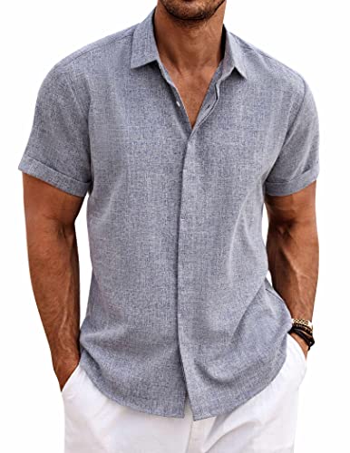 COOFANDY Herren Casual Leinen Shirts Button Down Shirt Kurzarm Baumwolle Leinen Shirts für Männer Sommer Strand Yoga T Shirts, Dunkelblau/Grau, XL von COOFANDY