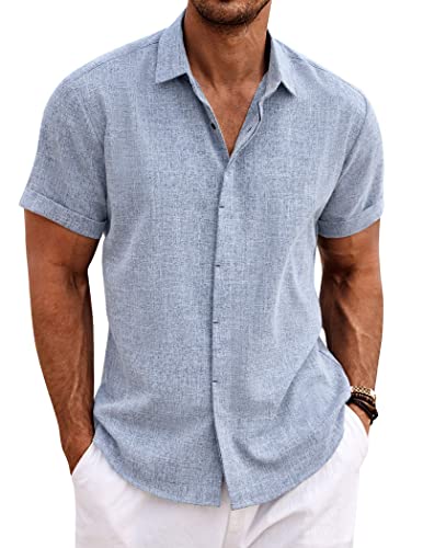 COOFANDY Herren Casual Leinen Shirts Button Down Shirt Kurzarm Baumwolle Leinen Shirts für Männer Sommer Strand Yoga T Shirts, Helles Jeansblau, XL von COOFANDY