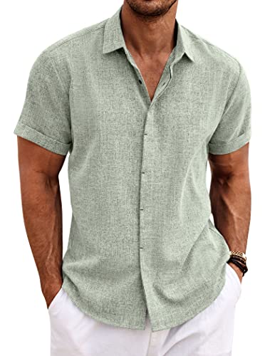 COOFANDY Herren Casual Leinen Shirts Button Down Shirt Kurzarm Baumwolle Leinen Shirts für Männer Sommer Strand Yoga T Shirts, Hellgrün, L von COOFANDY
