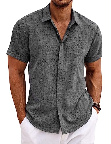 COOFANDY Herren Casual Leinen Shirts Button Down Shirt Kurzarm Baumwolle Leinen Shirts für Männer Sommer Strand Yoga T Shirts, grau dunkel, XL von COOFANDY