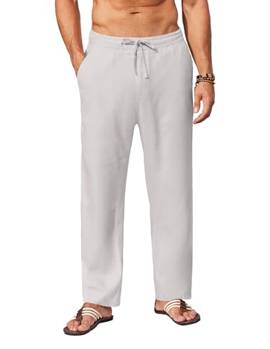 COOFANDY Herren Casual Leinenhose Elastische Taille Kordelzug Strand Yoga Hose Leichte Gerade Bein Hose mit Taschen, GRAU, X-Groß von COOFANDY