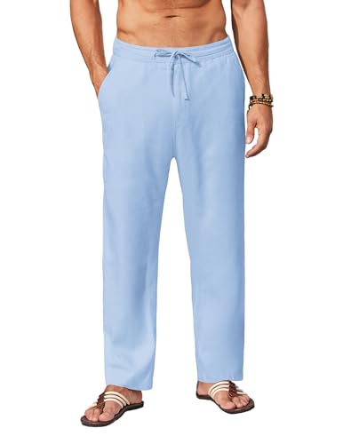 COOFANDY Herren Casual Leinenhose Elastische Taille Kordelzug Strand Yoga Hose Leichte Gerade Bein Hose mit Taschen, Hell, blau, Groß von COOFANDY