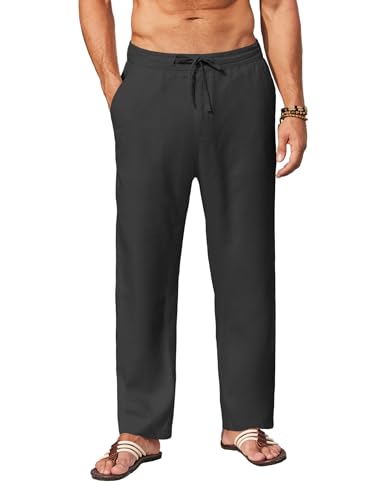 COOFANDY Herren Casual Leinenhose Elastische Taille Kordelzug Strand Yoga Hose Leichte Gerade Bein Hose mit Taschen, Schwarz, Klein von COOFANDY