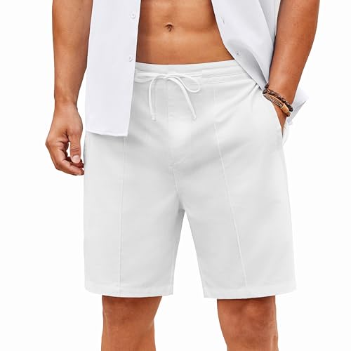 COOFANDY Herren Casual Shorts Leinen Flat Front Shorts Elastische Taille Sommer Strand Shorts, reines Weiß, Mittel von COOFANDY