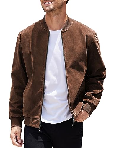 COOFANDY Herren Casual Varsity Jacke Vintage Leichte Wildleder Bomberjacken, Braun, M von COOFANDY