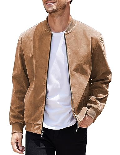 COOFANDY Herren Casual Varsity Jacke Vintage Leichte Wildleder Bomberjacken, Helles Hellbraun, M von COOFANDY