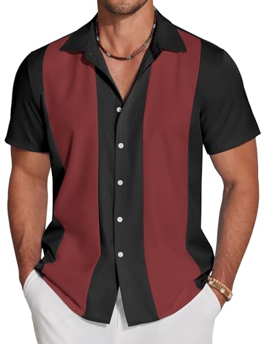 COOFANDY Herren Casual Vintage Bowling Shirt Kurzarm Knopfleiste Sommer Strand Shirt, Schwarz Rot, L von COOFANDY