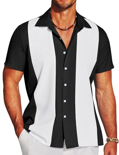 COOFANDY Herren Casual Vintage Bowling Shirt Kurzarm Knopfleiste Sommer Strand Shirt, Schwarz Weiß, L von COOFANDY