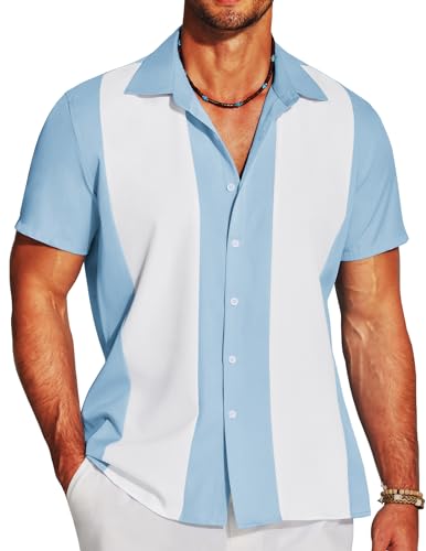 COOFANDY Herren Casual Vintage Bowling Shirt Kurzarm Knopfleiste Sommer Strand Shirt, blau / weiß, XX-Large von COOFANDY