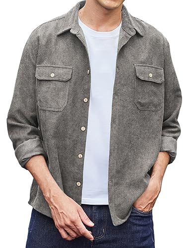 COOFANDY C Herren Cord Hemd Langarm Freizeithemd Männer Jacke Regular Fit Button Up Hemdjacke mit Klappentasche Grau S von COOFANDY