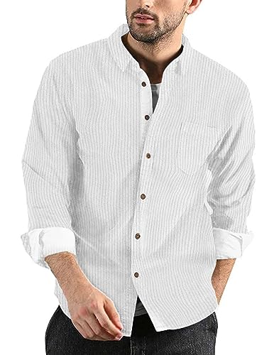 COOFANDY Herren Cordhemd Casual Langarm Button Down Leichte Hemd, Weiß, X-Groß von COOFANDY