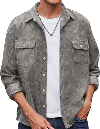 COOFANDY Herren Cordhemd Casual Langarm Button Down Leichte Hemden, grau, X-Groß von COOFANDY