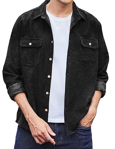 COOFANDY C Herren Cordhemd Langarm Button Down Hemd mit Klappentasche Leichte Freizeithemd Übergangsjacke aus Corduroy Schwarz XXL von COOFANDY