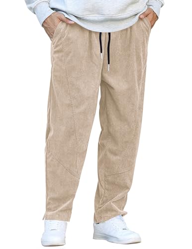 COOFANDY Herren Cordhose, elastische Taille, Kordelzug, Haremshose, modisch, locker, lässig, lange Hose mit 4 Taschen, Hellkhaki, Klein von COOFANDY