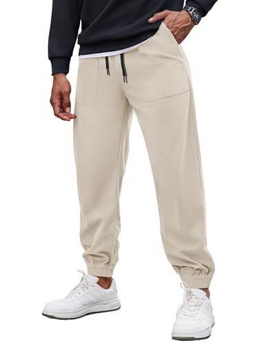 COOFANDY Herren Cordhose Kordelzug Elastische Taille Casual Tapered Hose Mode Streetwear Jogger mit Taschen, Beige, X-Groß von COOFANDY