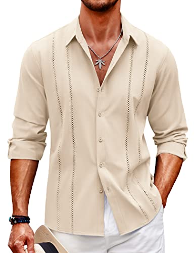 COOFANDY Herren Cuban Guayabera Hemd Casual Button Down Shirts Langarm Strand Leinen Shirts, Beige, L von COOFANDY