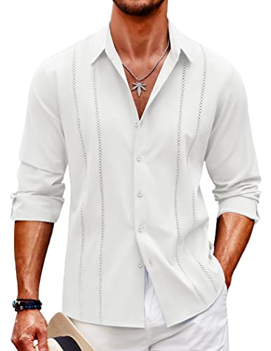 COOFANDY Herren Cuban Guayabera Hemd Casual Button Down Shirts Langarm Strand Leinen Shirts, White, XL von COOFANDY