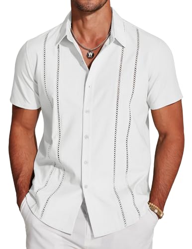 COOFANDY Herren Cuban Guayabera Shirt Kurzarm Button Down Shirts Casual Sommer Strand Leinenhemden, A-weiß, XL von COOFANDY