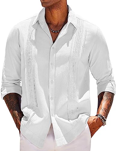 COOFANDY Herren Cuban Guayabera Shirts Langarm Casual Button Down Shirt Baumwolle Strand Tops, Weiss/opulenter Garten, L von COOFANDY