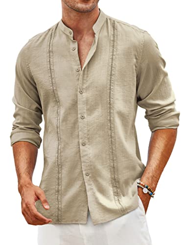 COOFANDY Herren Cuban Guayabera Shirts Leinen Casual Langarm Button Down Hemd Band Kragen Sommer Strand Tops, Khaki, Mittel von COOFANDY