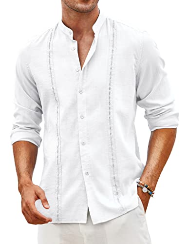 COOFANDY Herren Cuban Guayabera Shirts Casual Langarm Button Down Shirts Bandkragen Leinen Sommer Strand Shirts, A-weiß, Mittel von COOFANDY