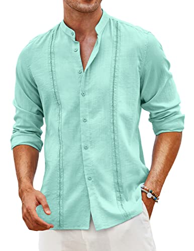 COOFANDY Herren Cuban Guayabera Shirts Casual Langarm Button Down Shirts Bandkragen Leinen Sommer Strand Shirts, Hellgrün, XL von COOFANDY