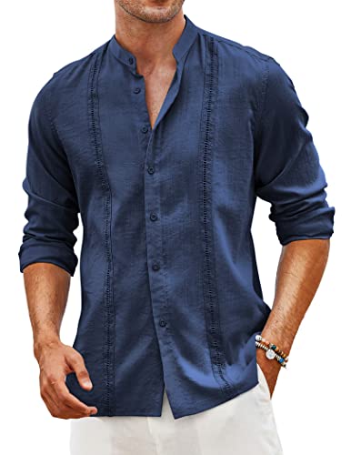 COOFANDY Herren Cuban Guayabera Shirts Leinen Casual Langarm Button Down Shirt Band Kragen Sommer Strand Tops, Marineblau, Klein von COOFANDY