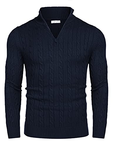 COOFANDY Herren Essentials Pullover Stehkragen Basic Polopullover Zopfmuster Zip High Neck Pulli Langarm Navy Blau M von COOFANDY