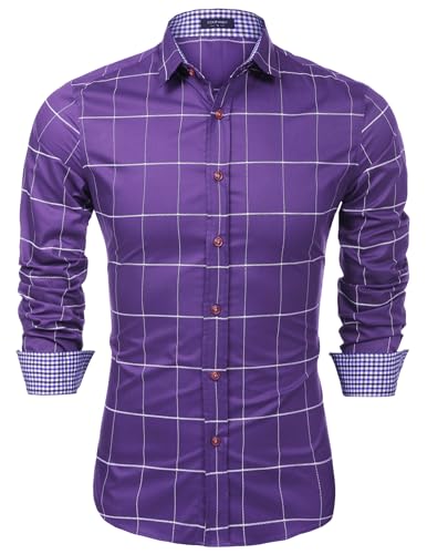 COOFANDY Herren Fashion Langarm Plaid Knopfleiste Hemd Casual Dress Shirt (XXL, lila) von COOFANDY