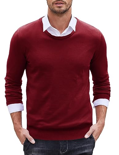 COOFANDY Herren Feinstrick Pullover Langarmshirt mit Rundhalsausschnitt Basic Slim fit Männner Strickpullover Sweater Pulli Feinstrick Winterpullover Sweater Business Rotwein S von COOFANDY