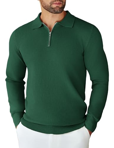 COOFANDY Herren Feinstrick Pullover Polo Kragen Reißverschluss Männer Strickpullover Half Zip Sweater Einfarbig Pulli Arbeitspullover Brightgrün 3XL von COOFANDY