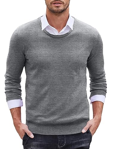 COOFANDY Herrenpullover Rundhals Slim Fit Strickpullover aus Baumwolle Langarmshirt Regular fit Sweater Pulli Feinstrick Winterpullover Sweater Business Grau L von COOFANDY