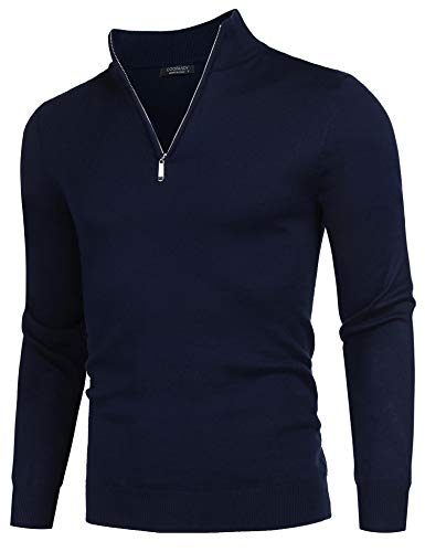 COOFANDY Herren Feinstrickpullover Rollkragen Pullover 1/4 Zip Neck Langarmshirt Feinstrick Sweater Arbeitspullover Freizeit Männerpoloshirt Herren Langarm Navy Blau S von COOFANDY